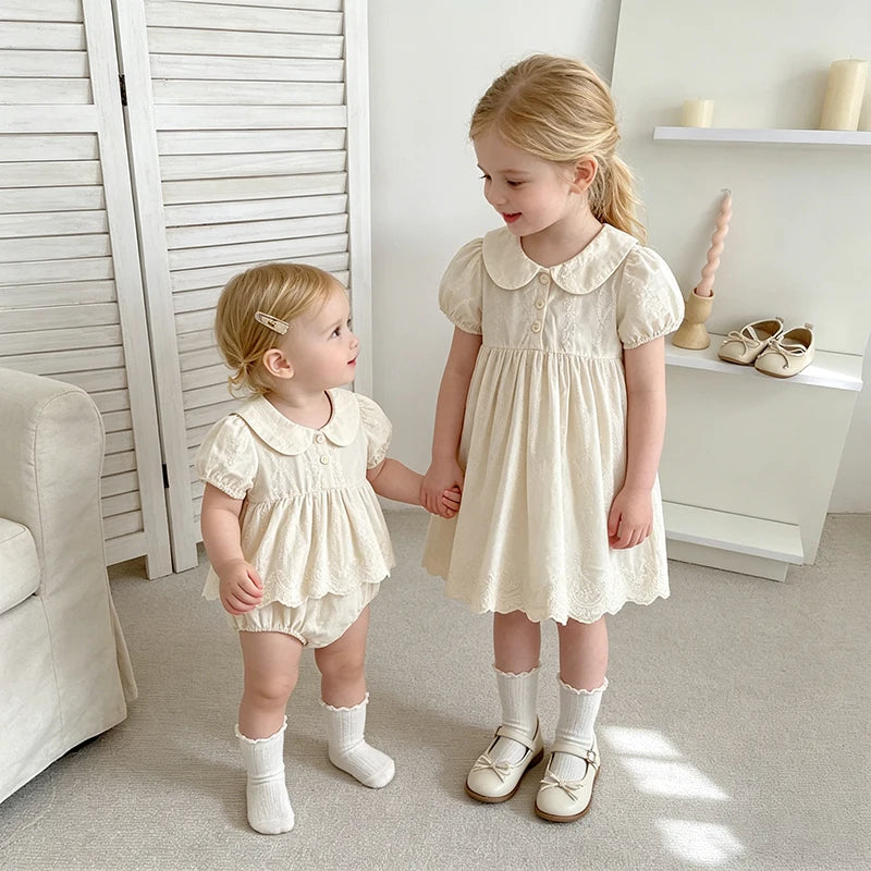 Embroidered cotton princess dress and romper set for girls