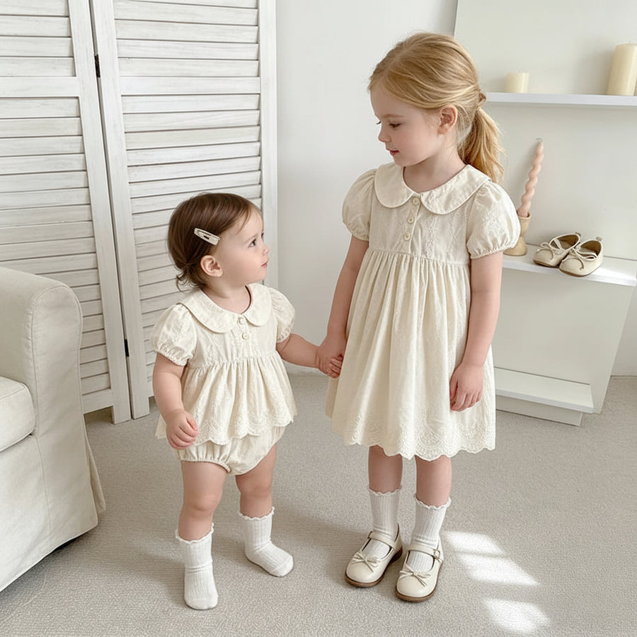 Embroidered cotton princess dress and romper set for girls