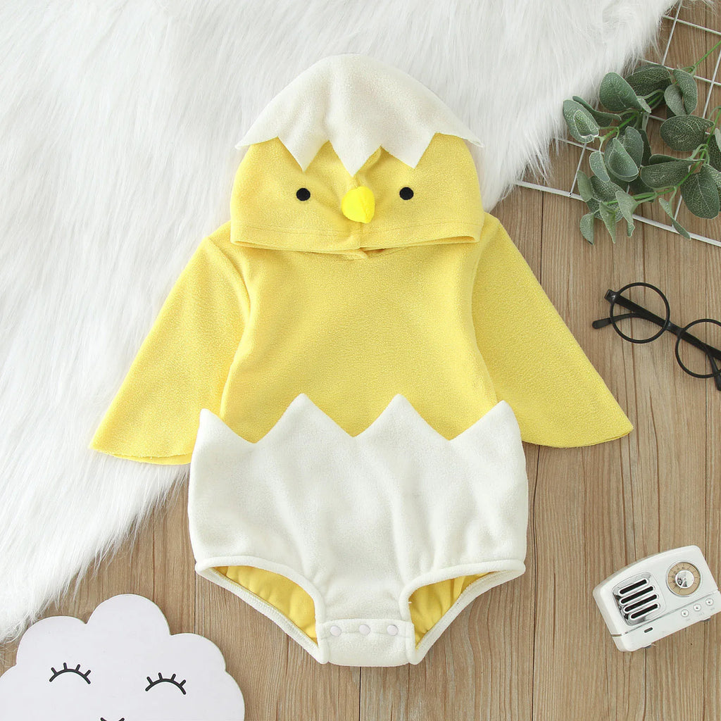 Yellow chick costume romper laid flat showing front with hood and eggshell design