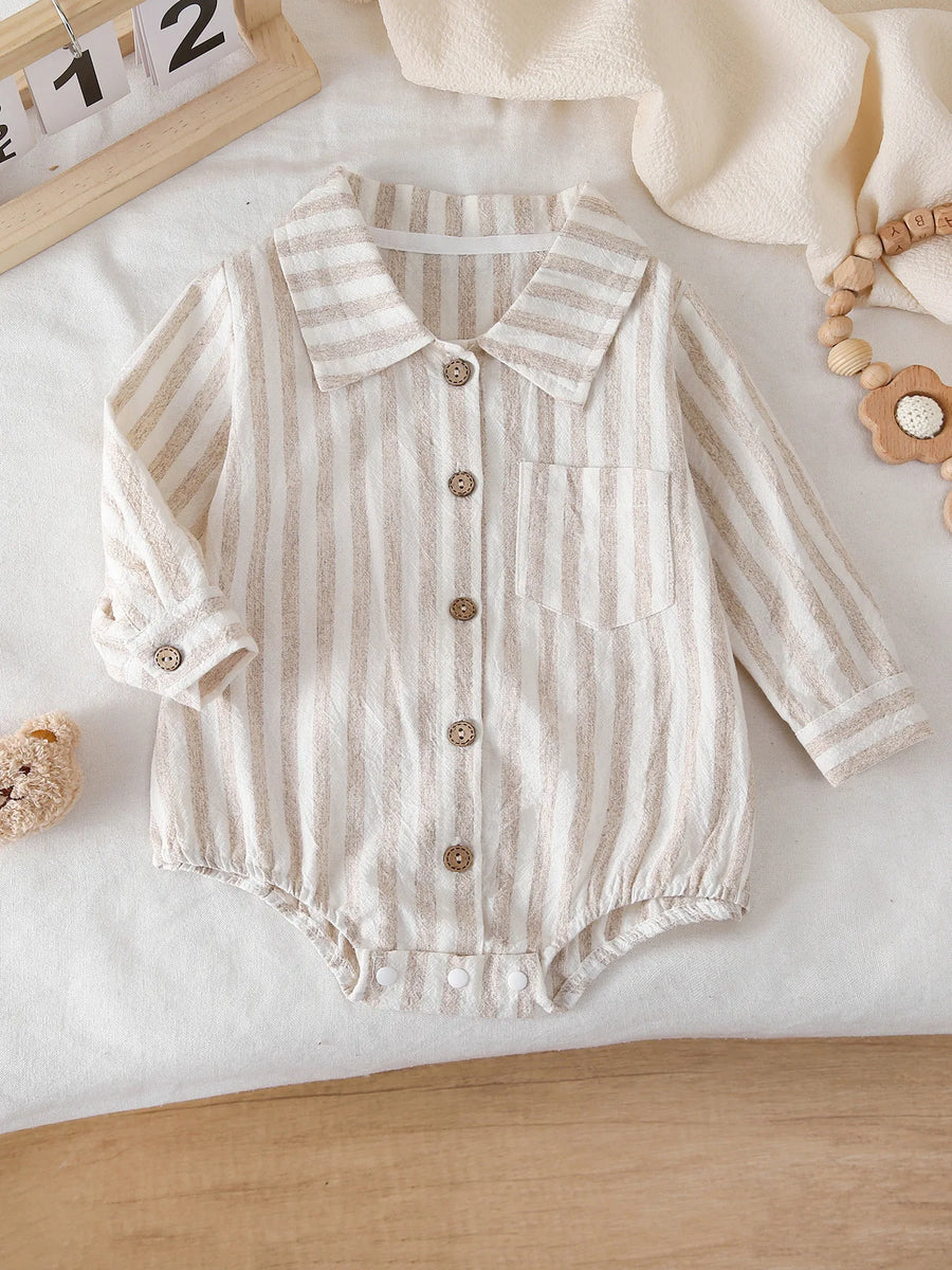 Front view of Striped Long-Sleeve Bodysuit with Single-Row Buttons