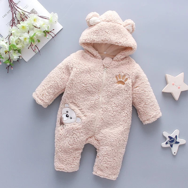 Back view of lamb hair baby romper featuring cartoon bear embroidery