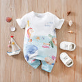 Baby jumpsuit with marine animal print including whale, seahorse, turtle, and fish on a white and light blue background