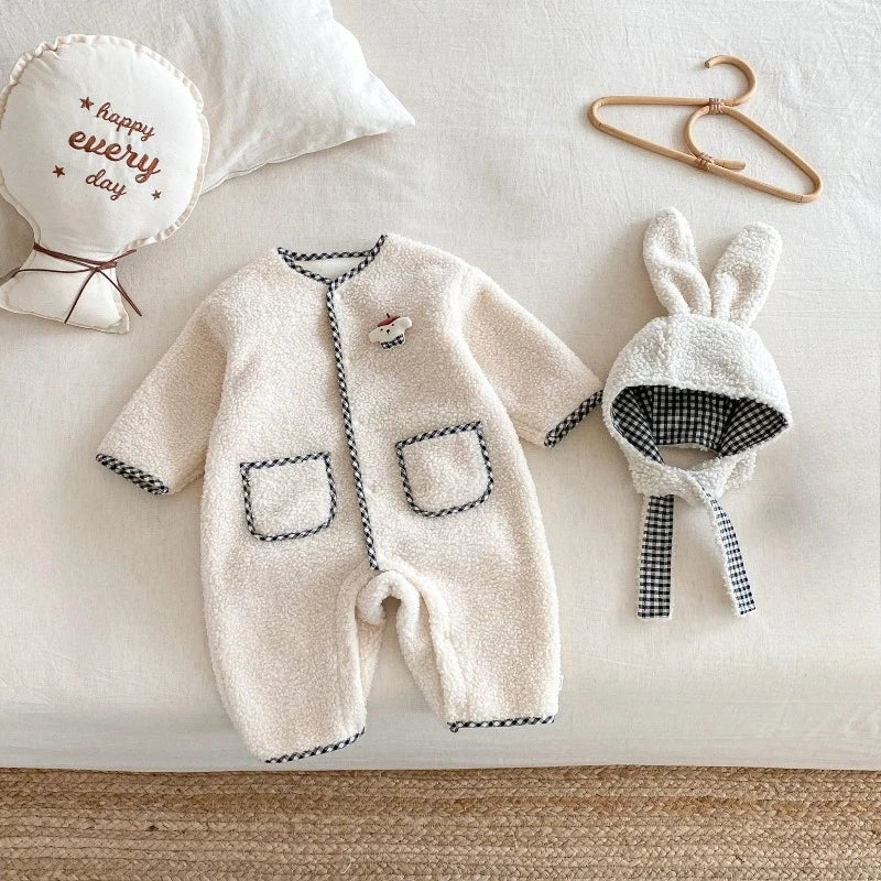 Plaid Bunny Hat Romper warm long sleeves