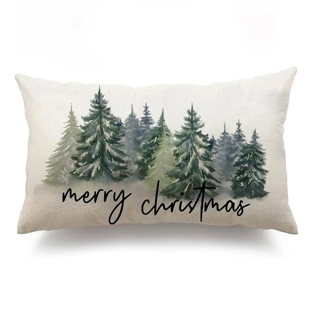 Christmas forest script pillow cover, sa, featuring green forest trees with black Merry Christmas script lettering.