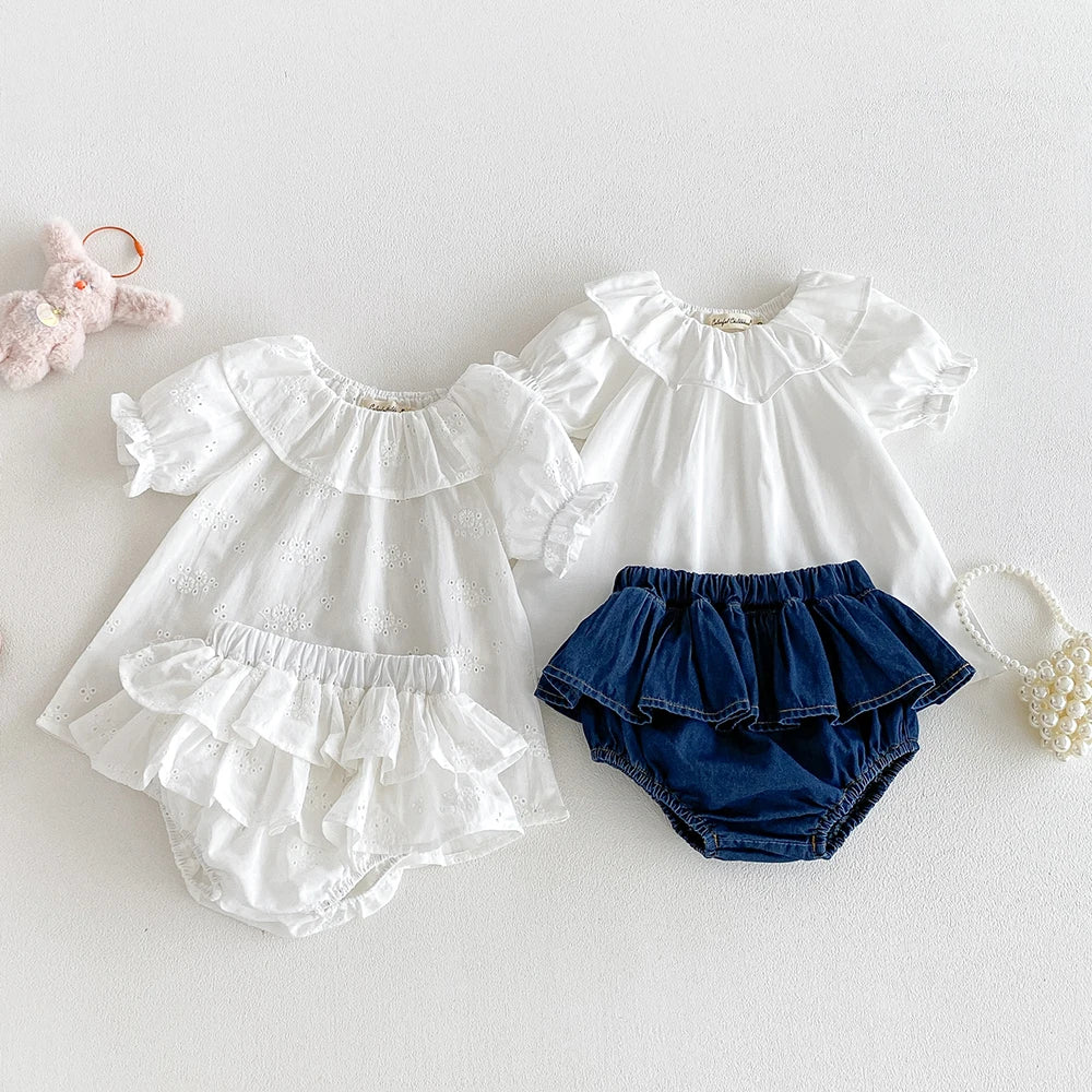 Baby Girl's Blouse Summer Cotton Breathable Shirt Tops Clothing for Girls Versatile Ruffle Collar Short Sleeved T-shirt