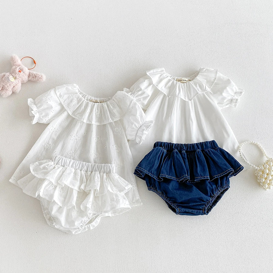 Baby Girl's Blouse Summer Cotton Breathable Shirt Tops Clothing for Girls Versatile Ruffle Collar Short Sleeved T-shirt