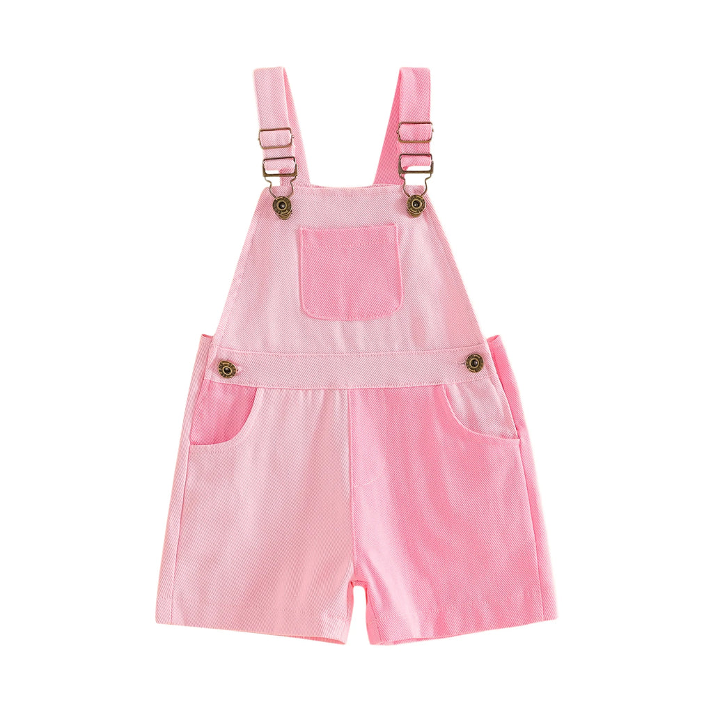 Bright multicolor overall shorts laid flat