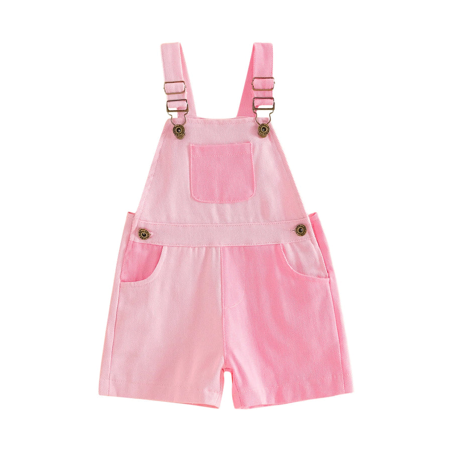 Bright multicolor overall shorts laid flat