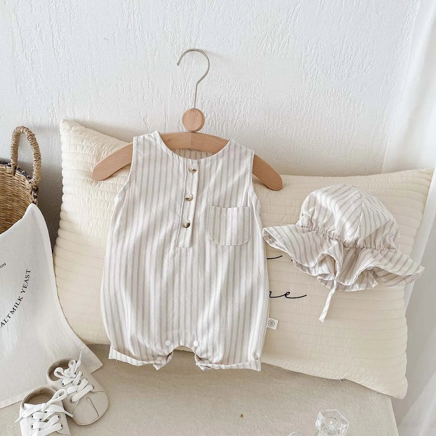 Striped Sleeveless Baby Romper Set with Matching Hat