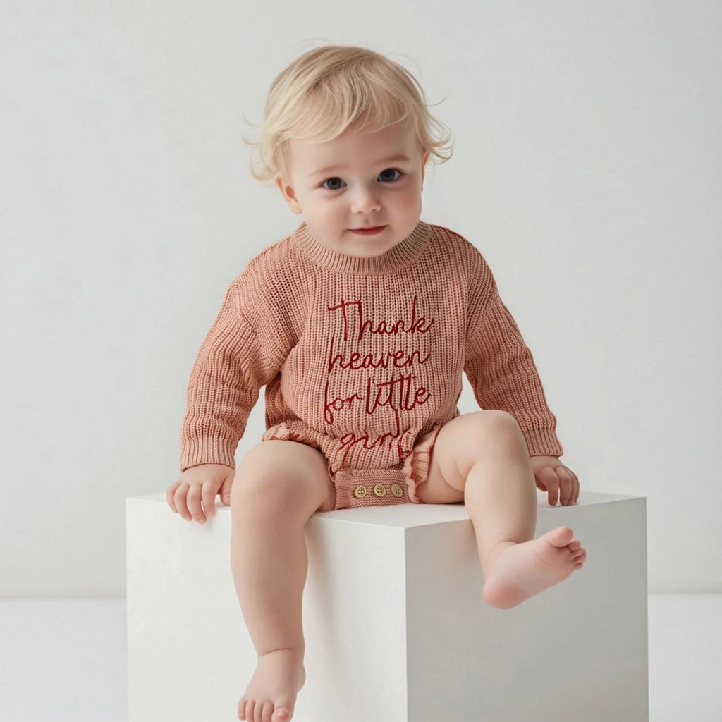 Lovely Baby Sweater Romper with Letter Embroidery and Ruffles