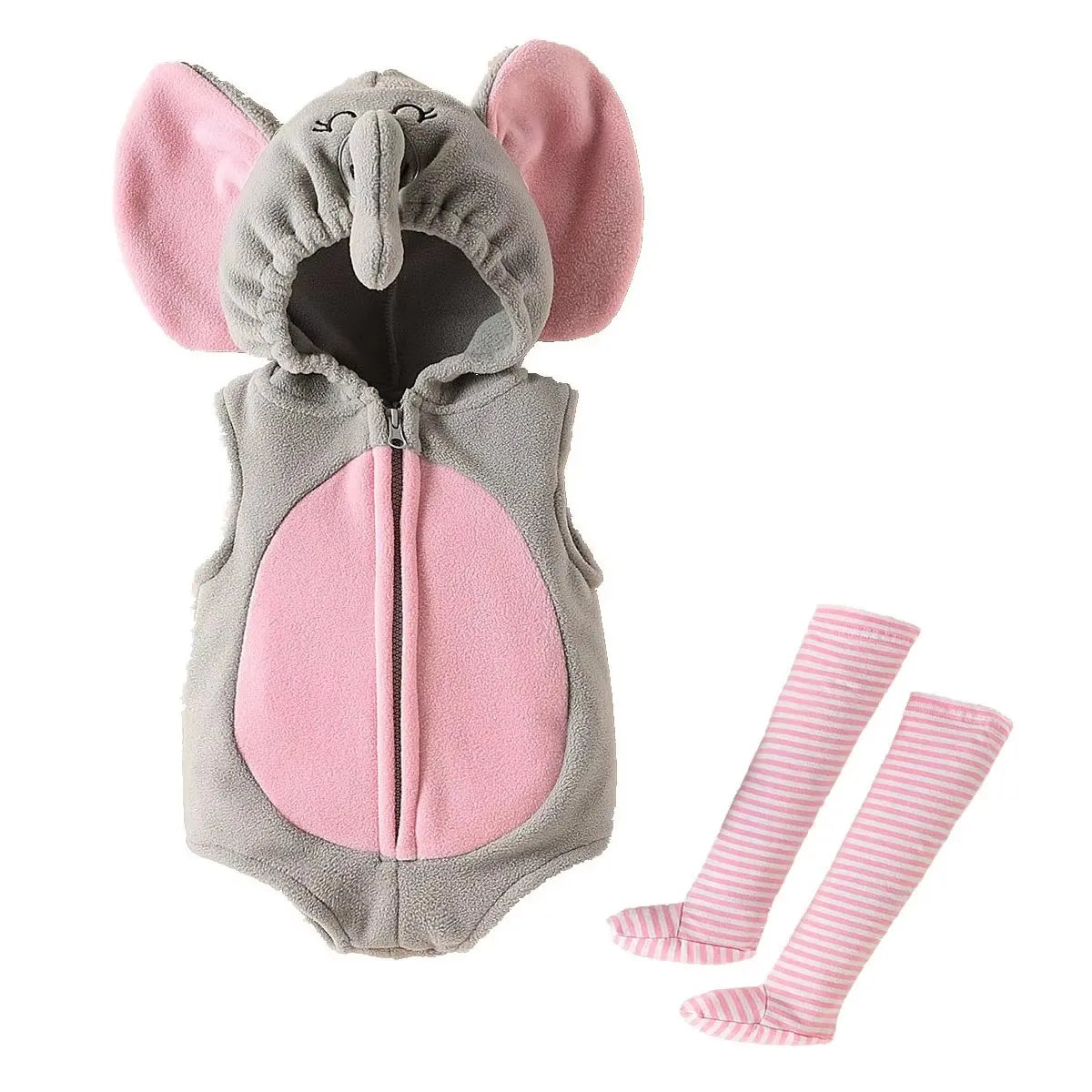 Elephant romper costume set with hood and striped stockings for infants