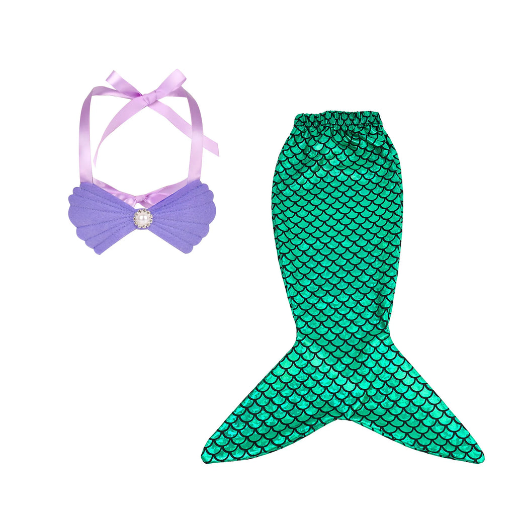 Purple shell top with teal scale mermaid tail skirt