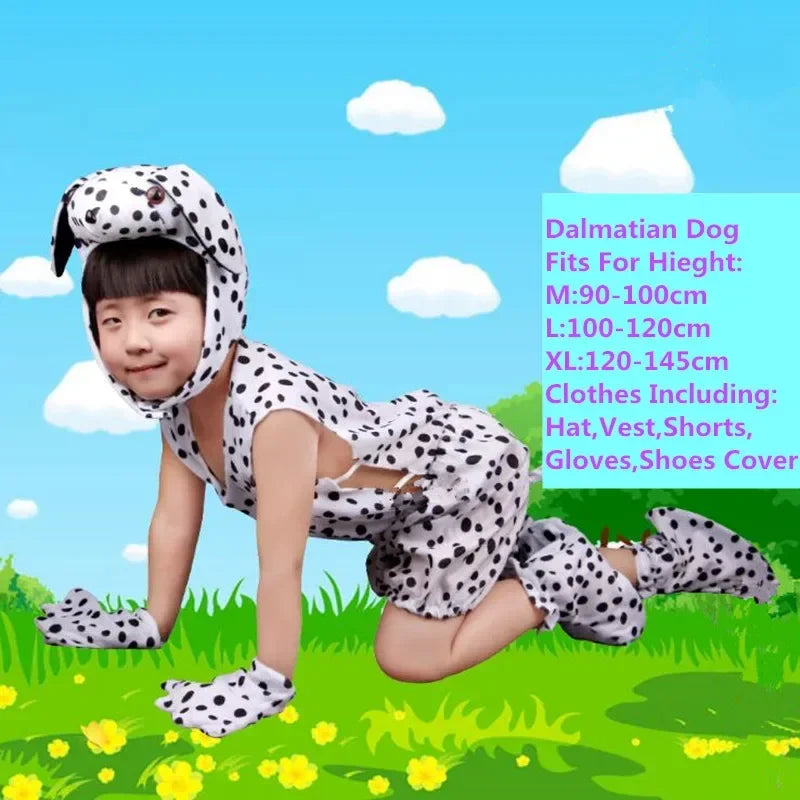 Child wearing dalmatian dog costume set with hat, vest, shorts, gloves, and shoe covers