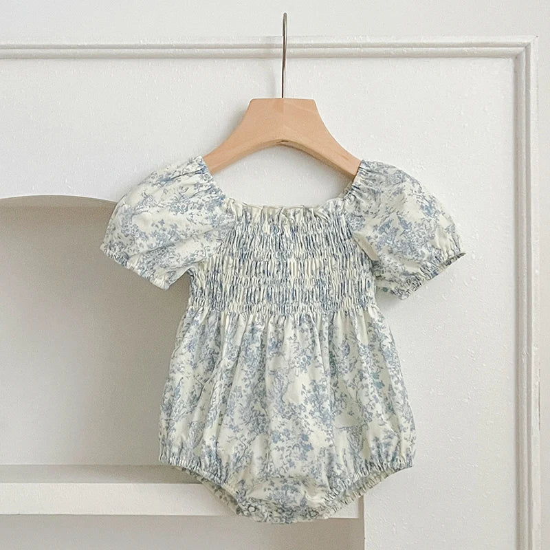 Summer Floral Short Sleeve Romper and Dress Set for Baby Girls
