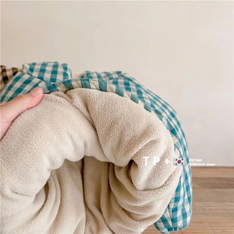 Plaid Cotton Kids Jacket with Plush Warmth in Brown