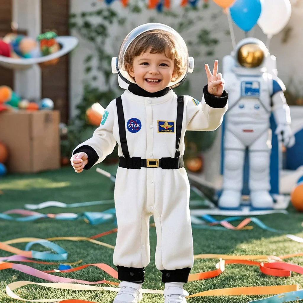 Toddler wearing white astronaut romper costume with space party background