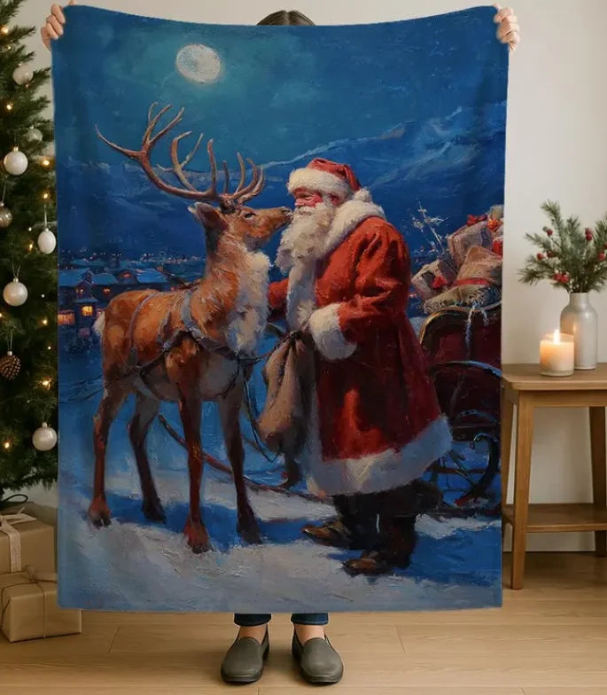 Santa and Reindeer Winter Scene Throw Blanket