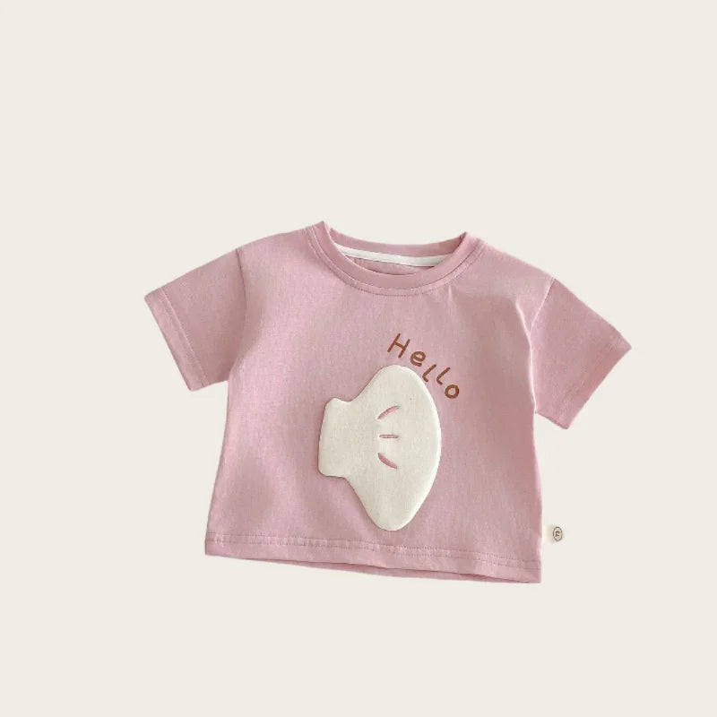 Pink short-sleeve hello tee with animal appliqué