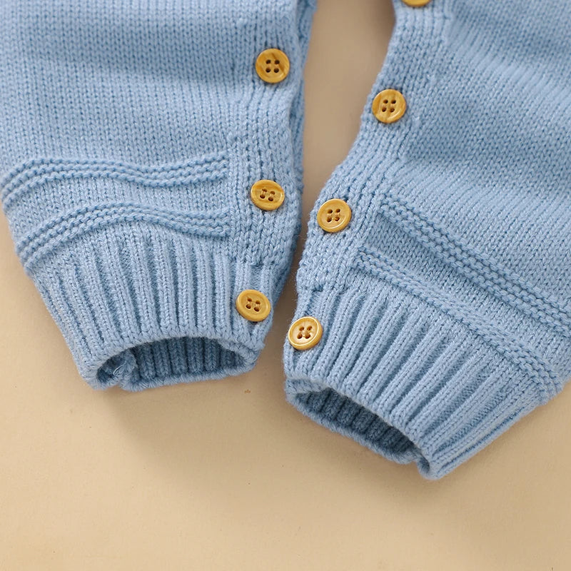 Back view of knitted rabbit romper for babies