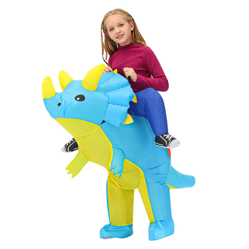 Child wearing blue and yellow inflatable dinosaur costume with horns and frill
