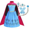 Blue and pink princess dress set with cape, tiara, wand, gloves, and braid hairpiece