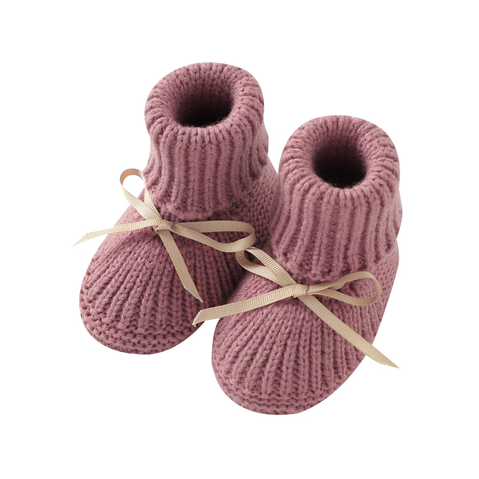 Mauve Ribbon-Tie knitted baby booties