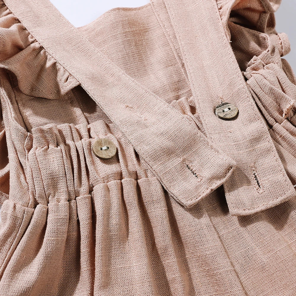 Baby Girls Sleeveless Linen Romper with Ruffles – Summer Jumpsuit