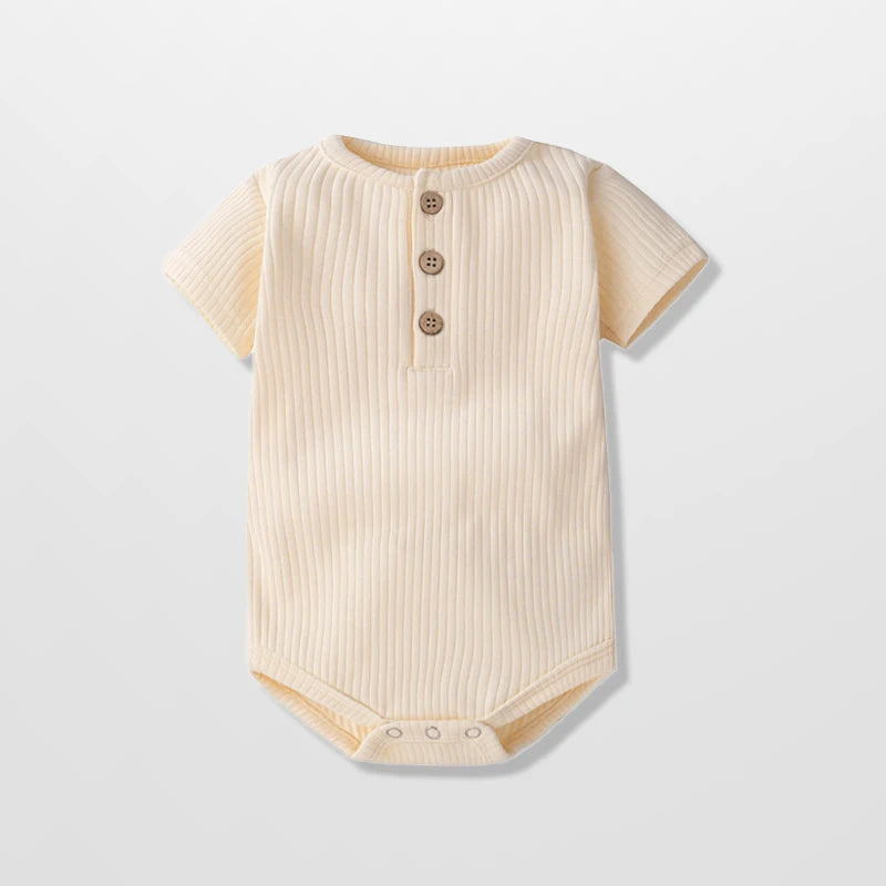 Classic Ribbed Short Sleeve Baby Bodysuit with Wood Button Detail