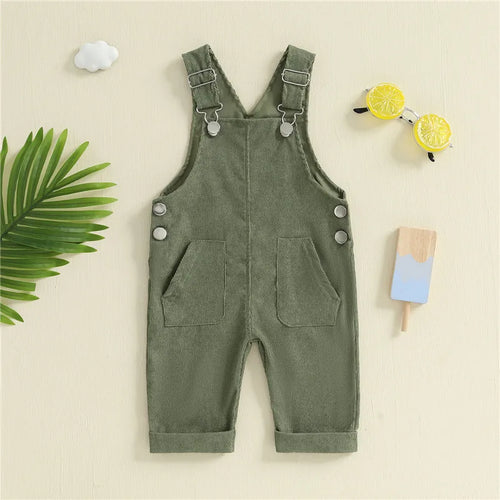 Unisex Baby Suspender Pants Jumpsuit with Button Closure in Solid Green
