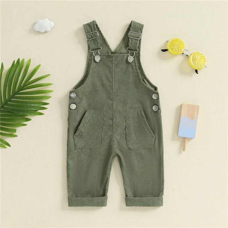 Unisex Baby Suspender Pants Jumpsuit with Button Closure in Solid Green