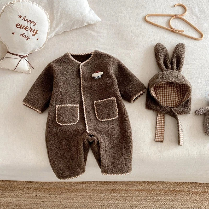 Plaid Bunny Hat Romper beige color variant