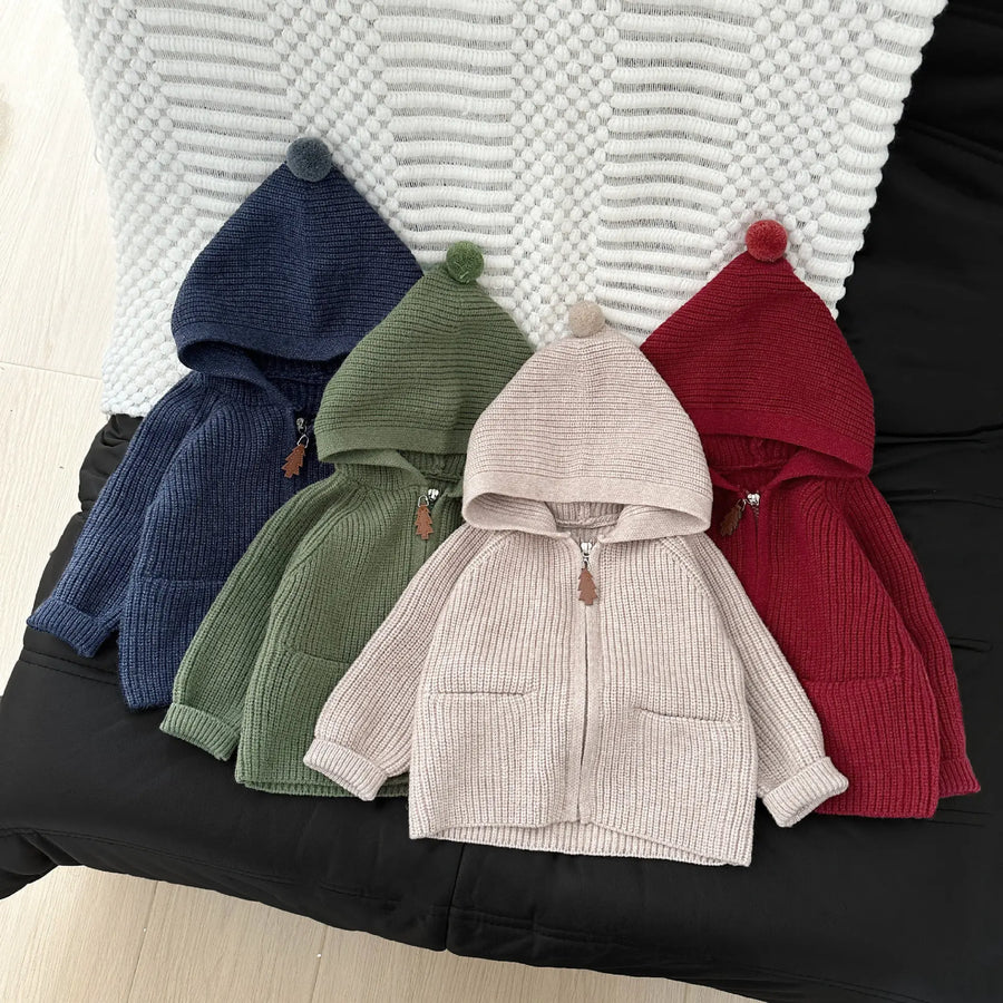 Warm knit hooded coat for baby and toddler in khaki color