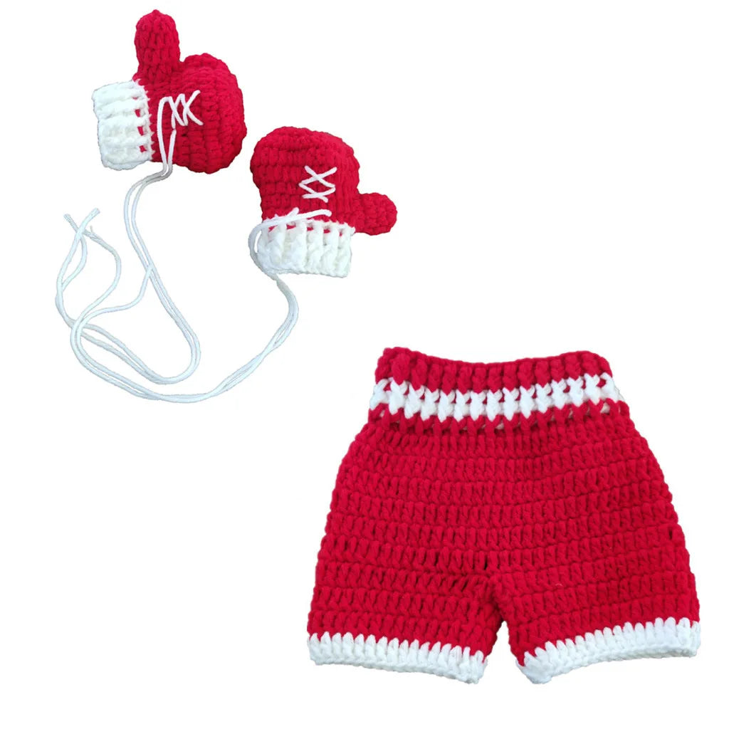 Red crochet baby boxing shorts and gloves costume set