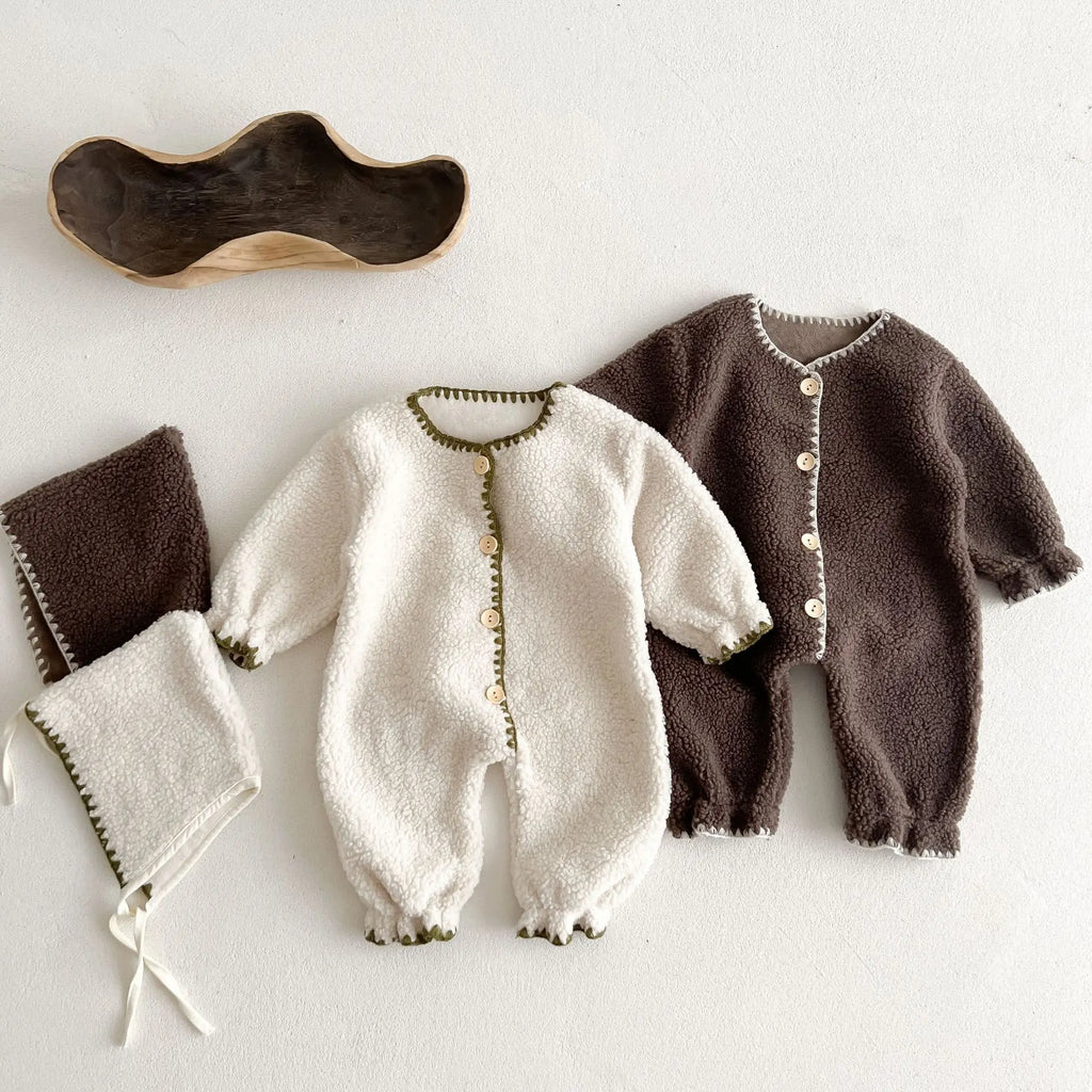 Lamb Wool Winter Baby Romper Set in Dark Brown with Matching Hat