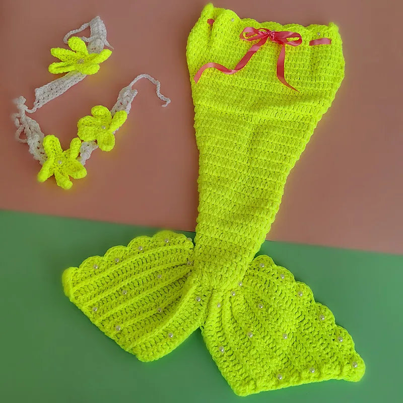 Yellow crochet baby mermaid tail cocoon with flower headband