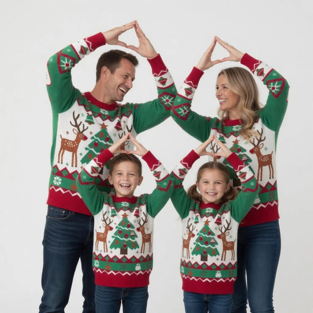 Two adults and two children wearing green, cream, and red sweaters with Christmas trees, reindeer, and geometric bands.