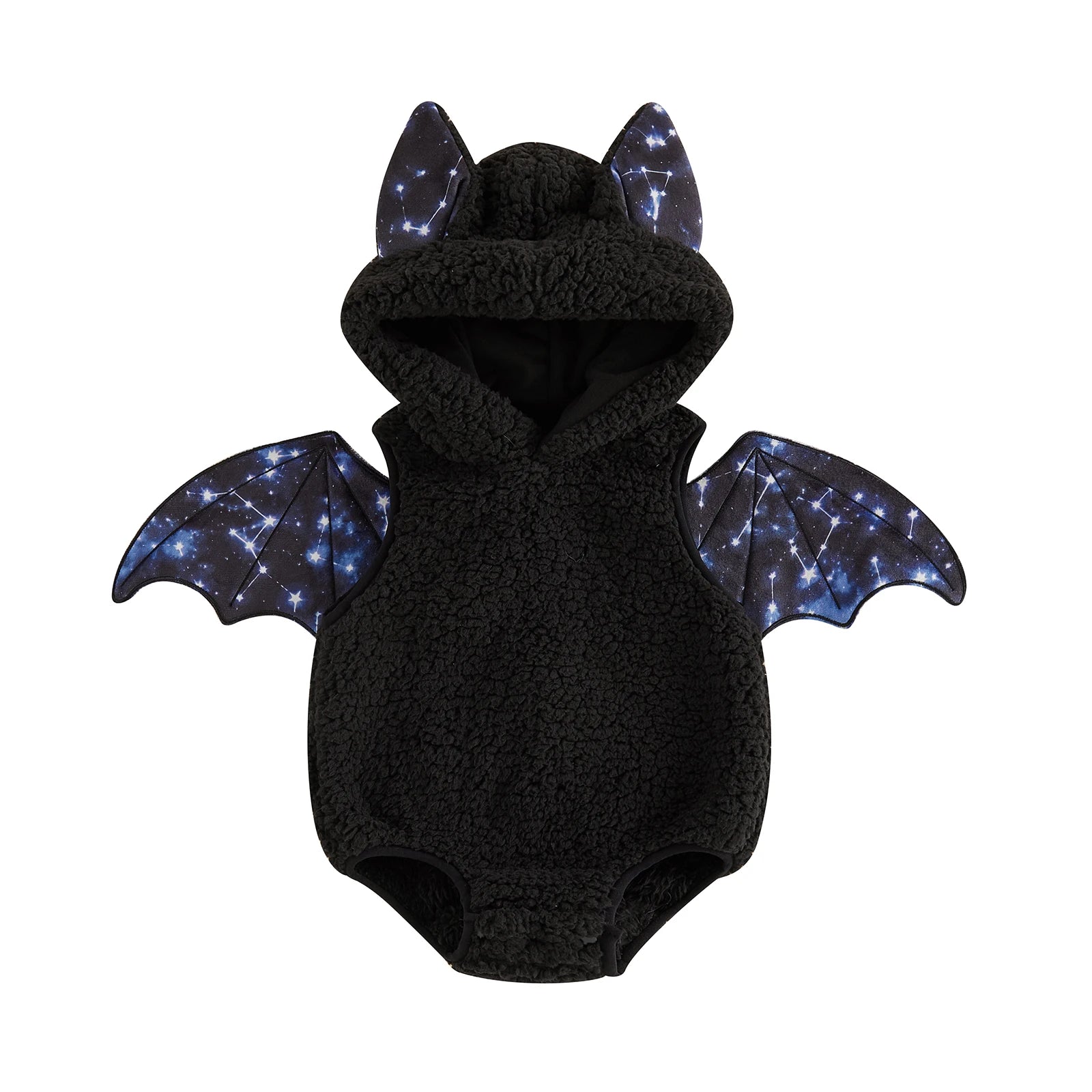 Black infant romper costume with moon and star bat wings and hood with ears