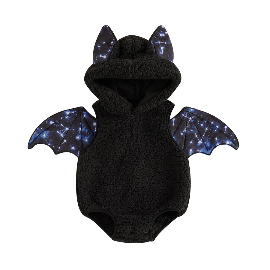 Black infant romper costume with moon and star bat wings and hood with ears