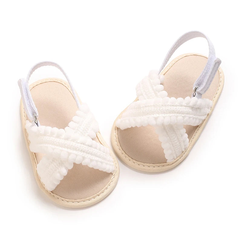 White Scalloped soft sole baby sandals, pair view
