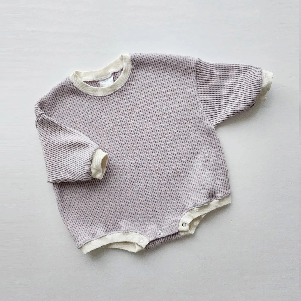 Waffle Cotton Long Sleeve Baby Romper Sweatshirt in Turquoise