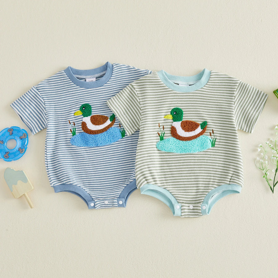 Duck Embroidery Stripe Romper with Short Sleeves and Round Neck