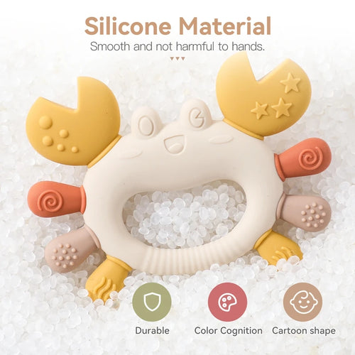 Crab-shaped silicone baby teether in multiple colors