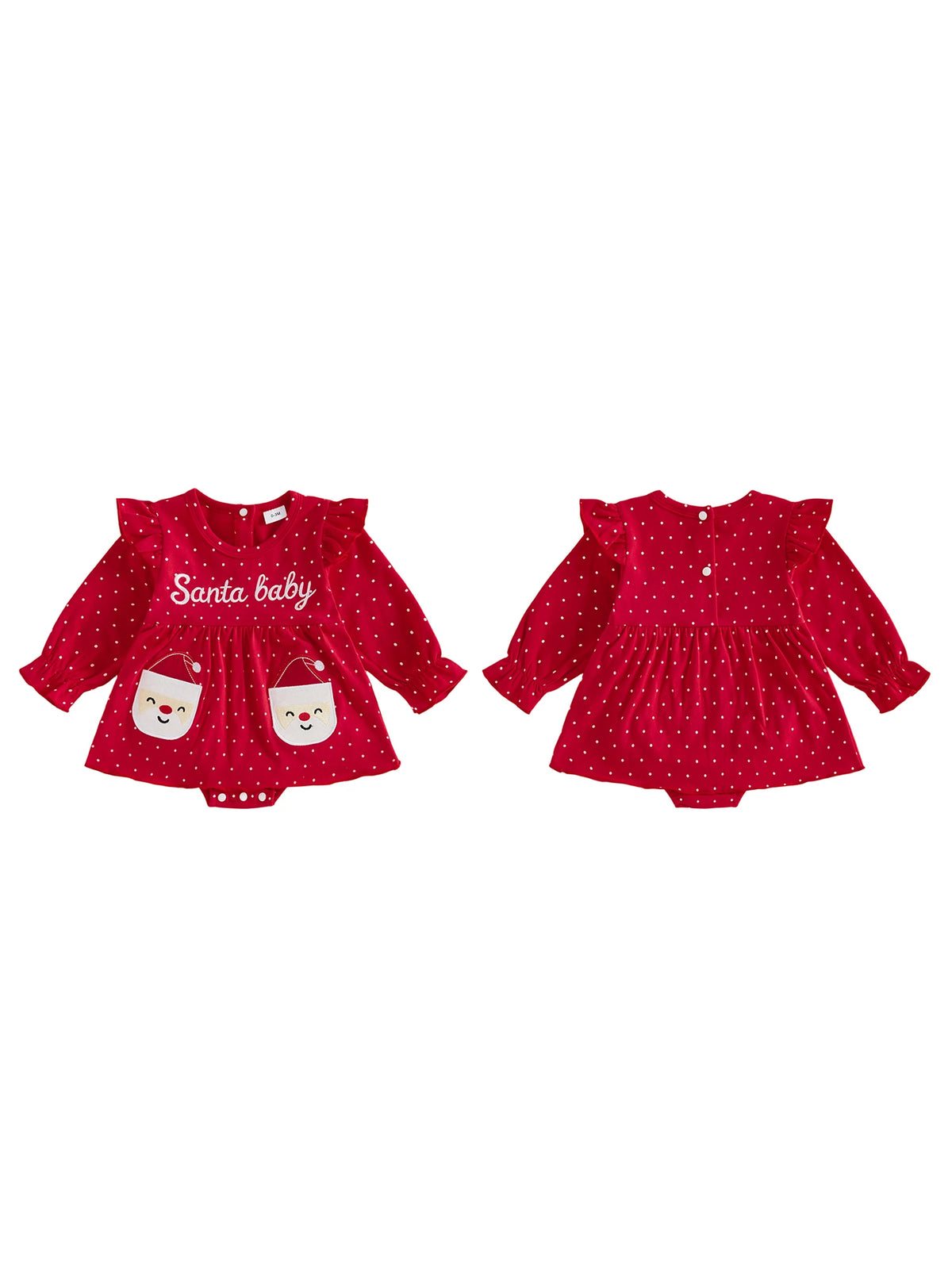 Front and back views of a red long-sleeve skirted romper with white dots, Santa face pockets, and Santa baby lettering.