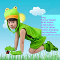 Child wearing green frog animal costume set including hat, vest, shorts, gloves, and shoe covers