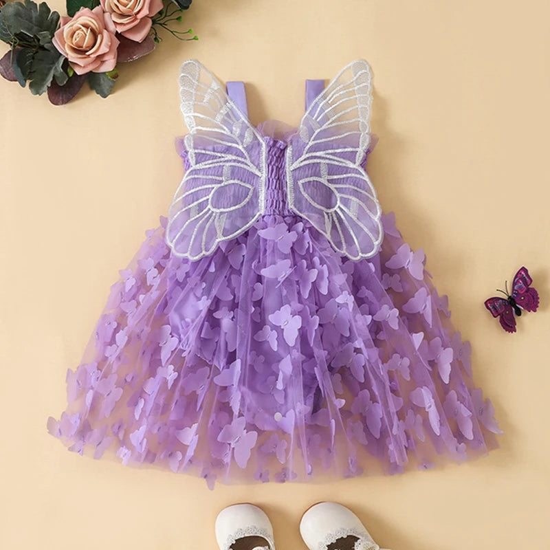 Back view of purple butterfly wings tulle romper dress for baby girls