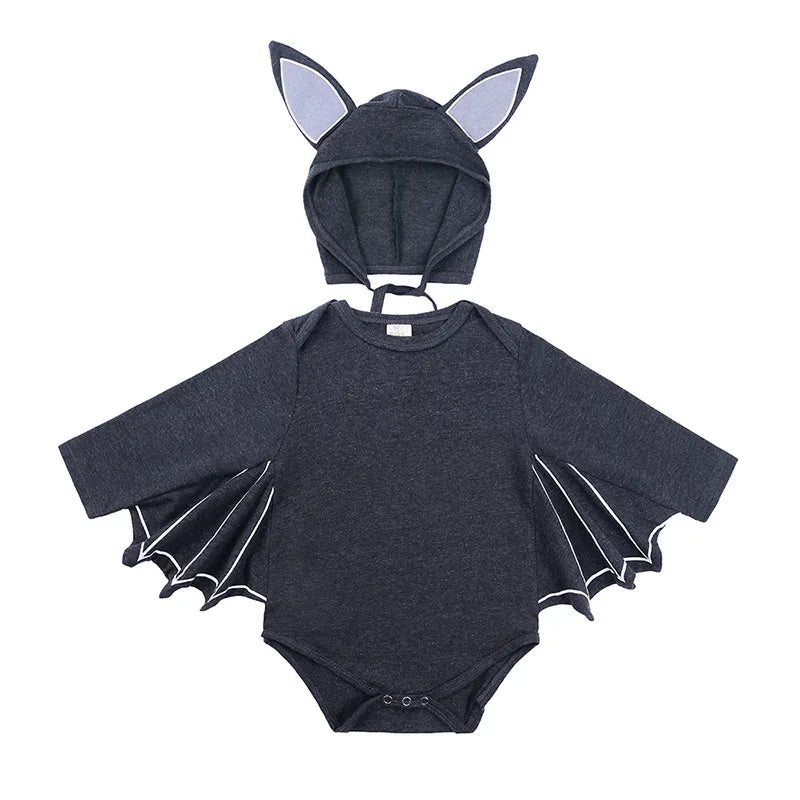 Dark gray baby bat jumpsuit costume with hood and ears