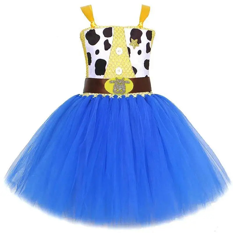 Blue tutu dress with cow print crochet top and brown belt