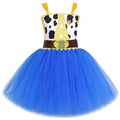 Blue tutu dress with cow print crochet top and brown belt