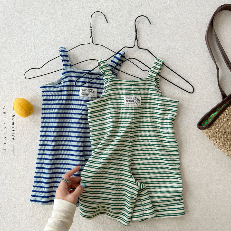 Summer Children Loose Overalls Girls Sling Jumpsuit Cotton Boys Thin Striped Strap Shorts Clothes