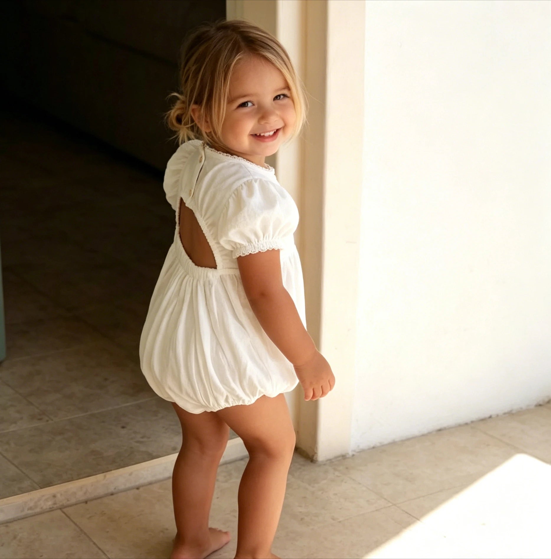 Nordic Cotton and Linen Short Sleeve Lace Jumpsuit with Hollow Out Back and V-Neck for Babies